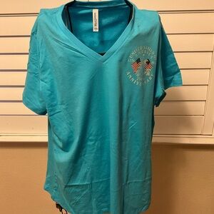 Handmade Patriotic 250th Anniversary Bright Turquoise V-Neck Tee Flag Eagle